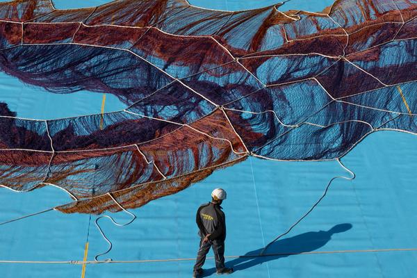MuseumsQuartier Wien: Janet Echelman - Earth Time 1.78 (Aufbau, 6.9.2021) Foto: eSeL.at - Lorenz Seidler Foto: eSeL Lorenz Seidler