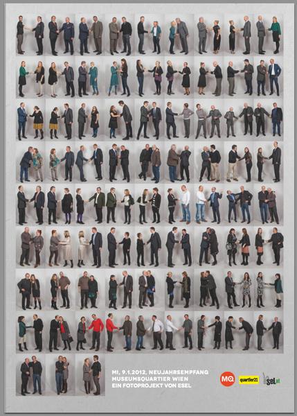eSeL: Menschenkette MQ, 2013
- Fotoaktion für Empfang Jahresauftakt Museumsquartier Wien (Barocke Suiten, 9.1.2013) 
- Plakatedition für Museumsquartier Wien (Februar 2014)
<a href="http://projekt.esel.at/2013/Menschenkette-MQ" rel="noreferrer nofollow">projekt.esel.at/2013/Menschenkette-MQ</a>