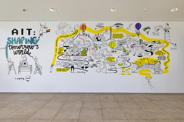 Eröffnung "Shaping Tomorrow´s World" - Wall Drawing by ThinkVisual / Chiara de Eccher (AIT Artloop, 8.4.2026) Foto: eSeL.at - Lorenz Seidler