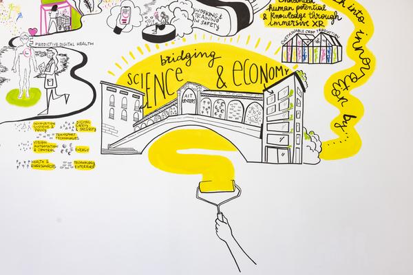 Eröffnung "Shaping Tomorrow´s World" - Wall Drawing by ThinkVisual / Chiara de Eccher (AIT Artloop, 8.4.2026) Foto: eSeL.at - Lorenz Seidler