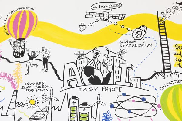 Eröffnung "Shaping Tomorrow´s World" - Wall Drawing by ThinkVisual / Chiara de Eccher (AIT Artloop, 8.4.2026) Foto: eSeL.at - Lorenz Seidler