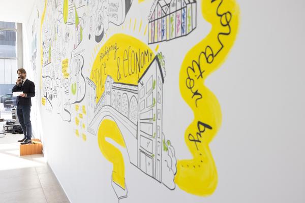 Eröffnung "Shaping Tomorrow´s World" - Wall Drawing by ThinkVisual / Chiara de Eccher (AIT Artloop, 8.4.2026) Foto: eSeL.at - Lorenz Seidler